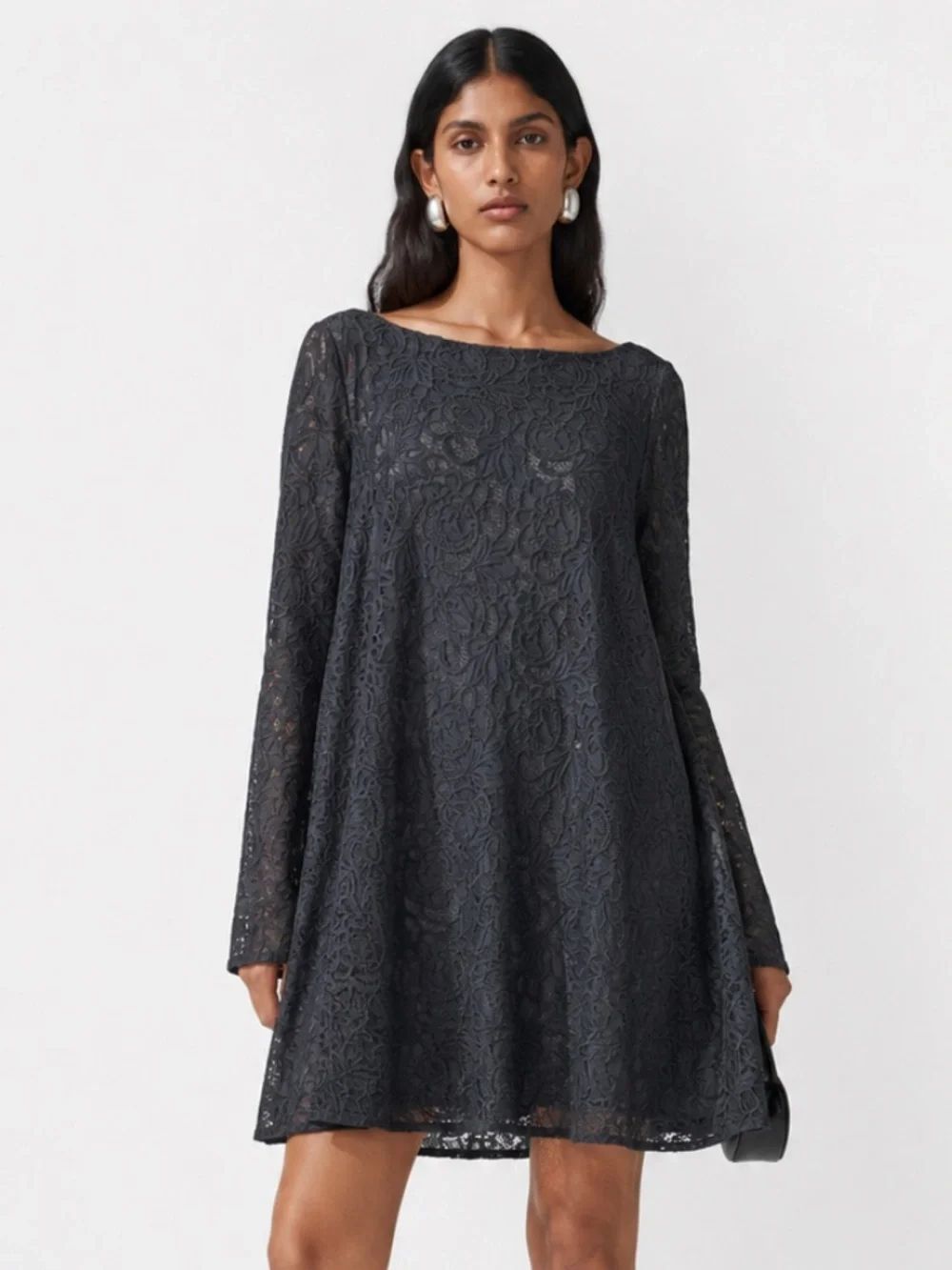 BADGLEY MISCHKA Black Lace Long-Sleeve Swing Flared Dress Black Tie
